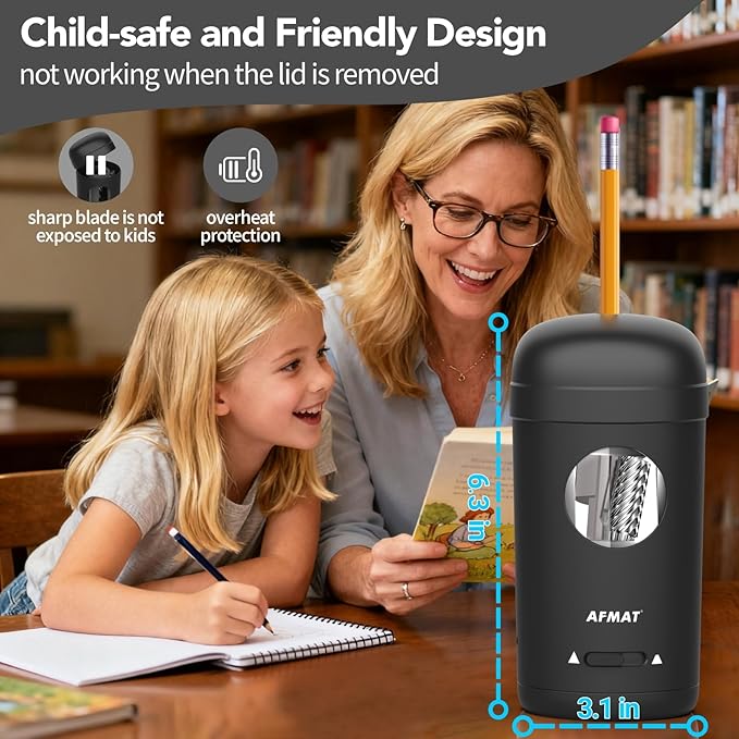 AFMAT Electric Pencil Sharpener, Fully Automatic Pencil Sharpener for 7-8mm Pencils & Colored Pencils, Auto in & Out, Rechargeable Vertical Hands-Free Sharpeners for Classroom/Home/Office PSX7(Black)