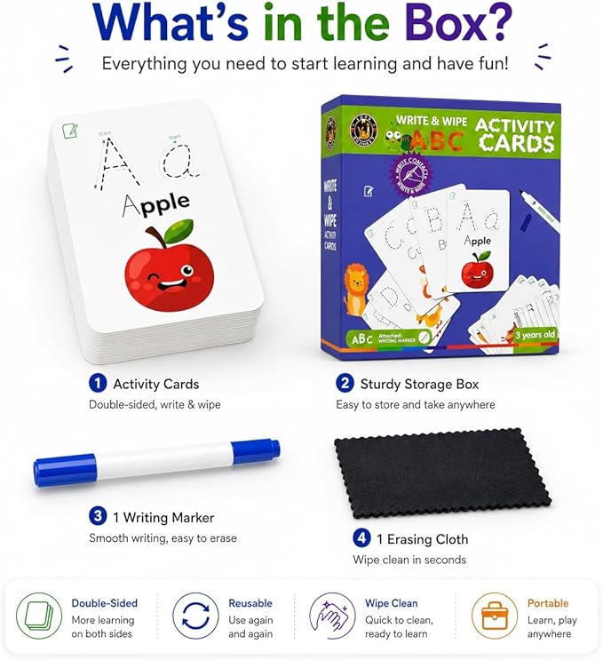Write & Wipe Activity Cards for Kids, Reusable Tracing Flash Cards, Preschool Handwriting Practice Set, Letter Number Math Learning Activities Ages 3-6 (Letter Tracing)