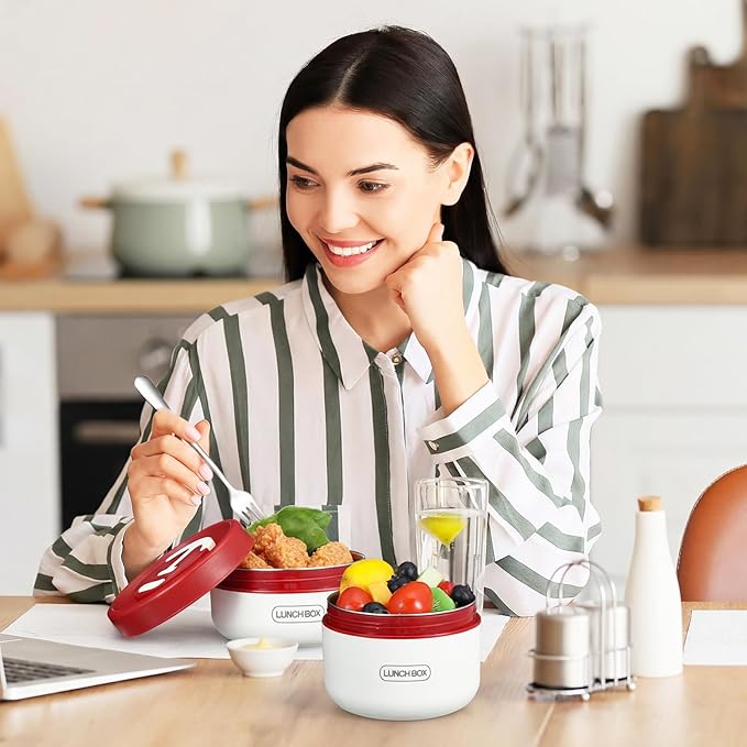 Dandat 2 Pcs Portable Insulated Lunch Containers Thermal Bento Box with Bag Fork Knife Microwavable Stainless Steel Lunch Box 15.2 oz 21 oz Separate Stackable Food Jar for Adult Men Women(Red)