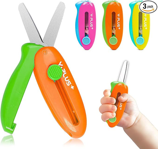 Safety Scissors for Kids, 3Pcs Retractable Scissors for Toddler Craft Ages 3-5 2-4 1-3, Cute Small Art Crafts Cutting Tools