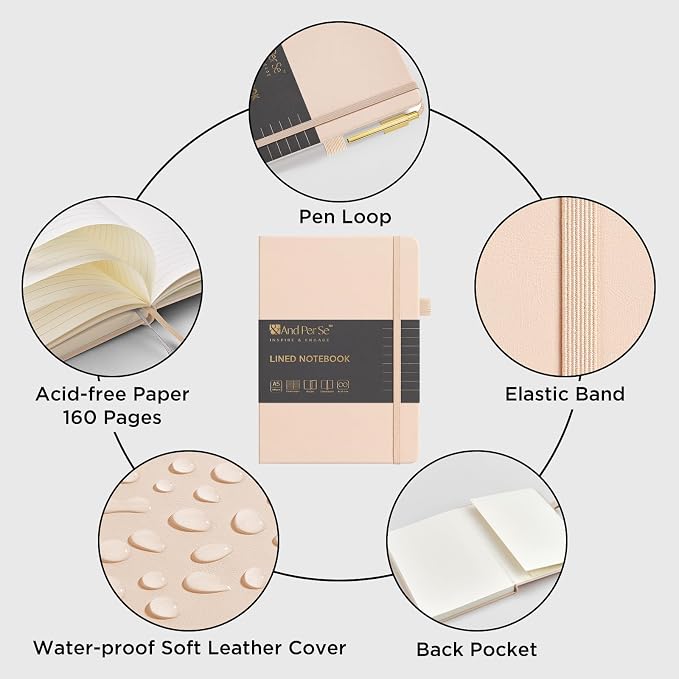 &And Per Se Lined Journal and Pen Set, A5 Leather Hardcover Notebook with Pen & Stationary Set, 160 Pages 100GSM Thick Ruled Paper Journal for Business Work Writing (Light Apricot)