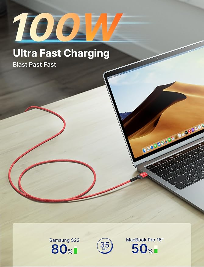 JSAUX 3-Pack USB C to USB C Cable 100W [10ft/6.6ft/3.3ft] Compatible with iPhone 17 Air 16 15 Pro Max Samsung Galaxy S25 S24 CarPlay iPad Pro, Type C to C Charger Cable Fast Charging - Red