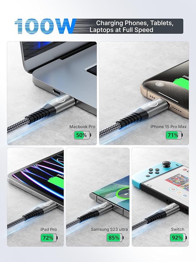 USBC to USBC 100W [6ft/2 Pack] USB C to USB C Fast Charging Cable Braided C to C Charger Cord 5A for MacBook Pro/Air, iPhone 15 Pro Max Plus,iPad Pro,Samsung Galaxy S24 Ultra S23,Pixel,PS5,Switch