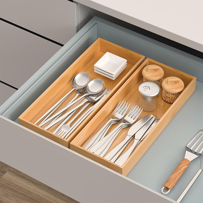 VeyFey Bamboo Drawer Organizer, Stackable Utensil Organizer for Kitchen, Bamboo Storage Box Wood Silverware Tray for Drawer 15" x 6" x 2" Set of 2