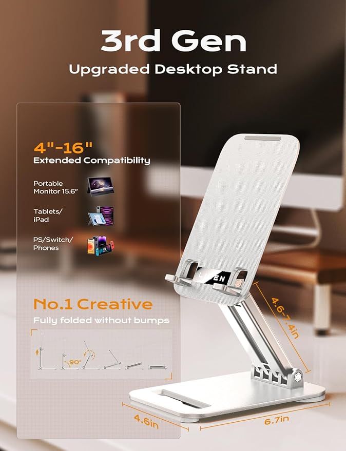 LISEN Tablet Stand for iPad Stand Holder Desk, Foldable Home Office Desk Accessories Travel for iPad Holder Dorm College Essentials Portable Monitor Stand Fits Tabs Kindle iPhone 4-15.9" Black (White)
