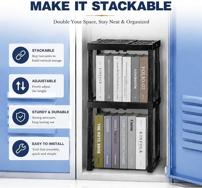 Svartur Locker Shelf for School Locker Adjustable Height and Width, Locker Organizer Shelf Stackable Locker Tools for Gym Lockers, Office, Back to School Essentials, Black