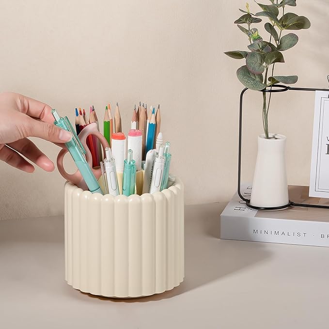 Anyoifax 360° Rotating Pen Holder 7 Slots Desk Organizer Removable Pencil Cup Plastic Art Supplies and Accessories Desktop Storage Box Caddy for Office, School, Home (Beige)