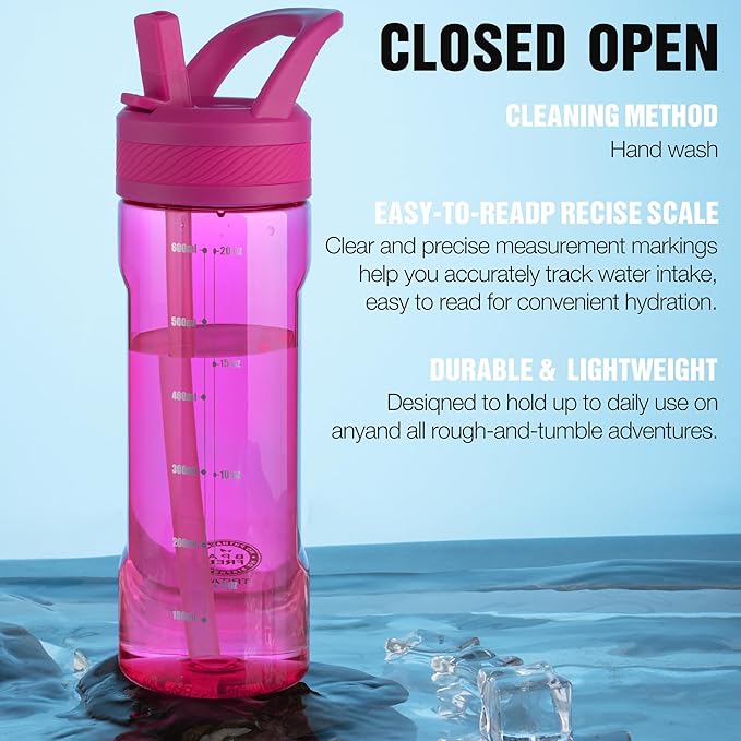 OLDLEY 20oz Kids Water Bottle with Straw, BPA-Free Tritan Water Bottle for School, Leakproof Clear Water Bottle with One Click Open, Measurement Scale, Cup Holder Friendly for Boys Girls,Fuchsia
