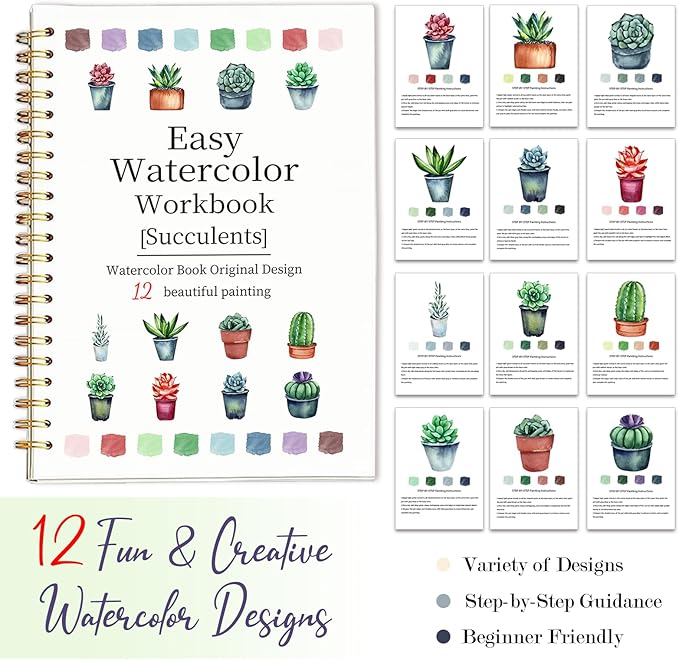 Easy Watercolor Workbook for Beginners - 12 Beautiful Step-by-Step Paintings Water Coloring Book, Includes 18 Colors Paints, Relaxing Art Projects and Creative Gift for Adults & Teen (Succulents)