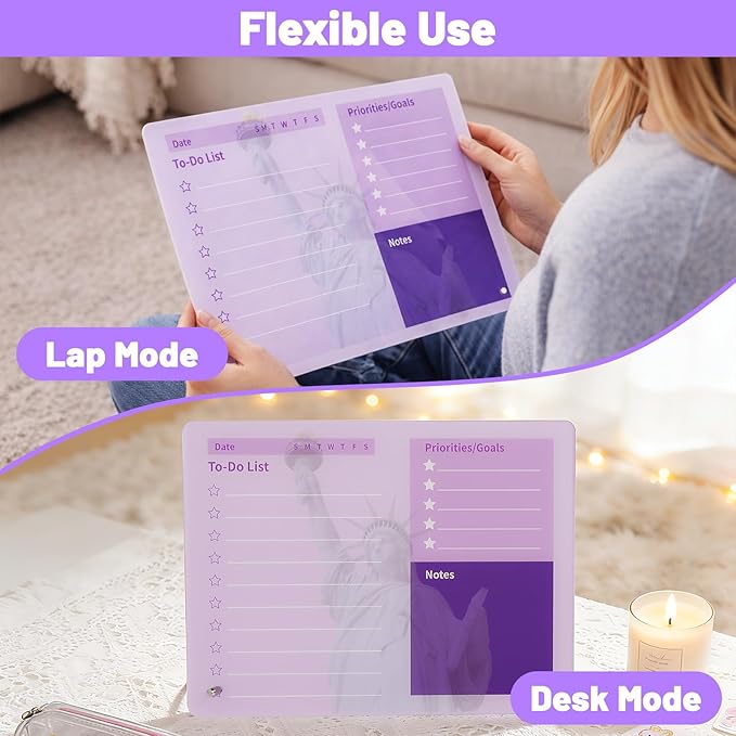 LeMotech Desktop Acrylic Dry Erase Board, 12x10 inches to-Do List Planner, Tabletop Whiteboard with Stand Office Supplies Includes 2 Markers & 1 Eraser, Purple Statue of Liberty Pattern, 2 Pack