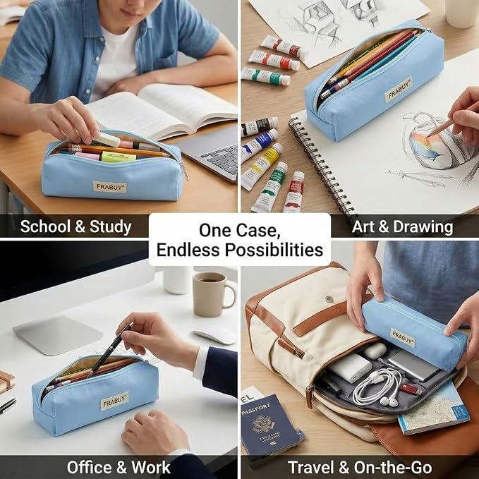 Canvas Pencil Case Pouch – Multipurpose Pen Bag Stationery Blue | Heavy-duty canvas, smooth alloy zipper, cute organizer for girls and boys, ideal for stationery, cosmetics, tech gear