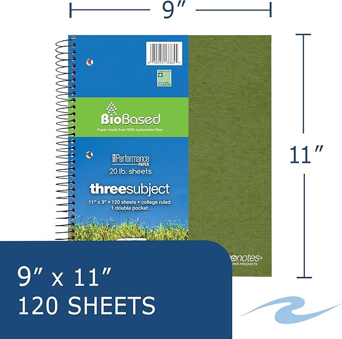 Roaring Spring Environotes Recycled Spiral Notebook, 3 Subject, 24 Pack, 11" x 9", 120 Perforated Sheets, 20 lb Bio-Based Paper, College Ruled w/ Margin, Assorted Earthtone Covers, Double Pocket, 2 Dividers, Made in USA