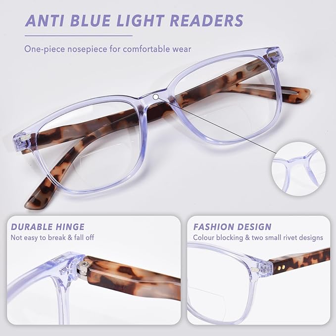 Bifocal Reading Glasses for Women, Blue Light Blocking Computer Readers with Spring Hinges, Retro Square Frame