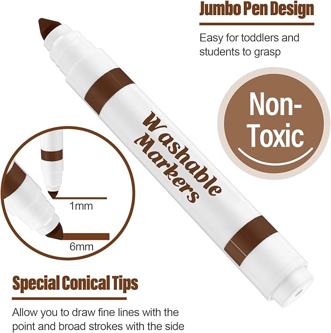 36 Pcs Dark Brown Washable Markers Bulk Coloring Broad Line Markers for Kids Conical Tip Drawing Pen for Christmas, School, Travel Art Baby Shower Gender Reveal Party Supplies, Ages 6+