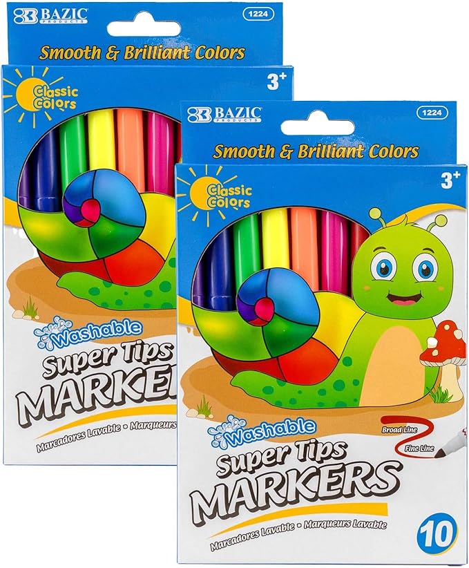 BAZIC PRODUCTS Washable Super Tips Markers, 10 Classic Colors