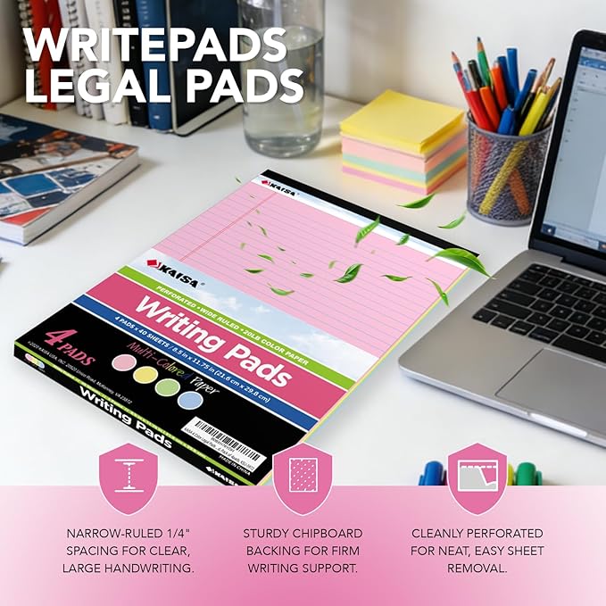 KAISA note pads Colored Legal Pad Writing Pads 8.5x11 inch, Wide Ruled, 40 Sheets/Pad, 20lb Colored Paper, Perforated Writing Pad with Sturdy Back (4 Pads), KSU-5972
