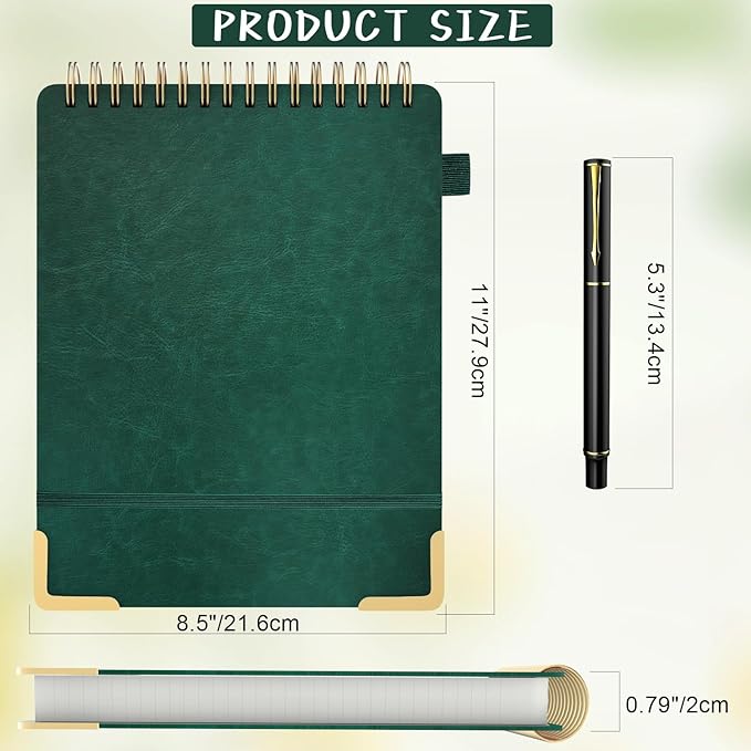 Mousbull A4 Top Spiral Notebook, Large Leather Hardcover Top Bound Steno Pads, 240 Pages 100 gsm Thick Lined Paper Left Handed Notebook Journal for Work, School, Meeting Writing - Green, 8.5" x 11"