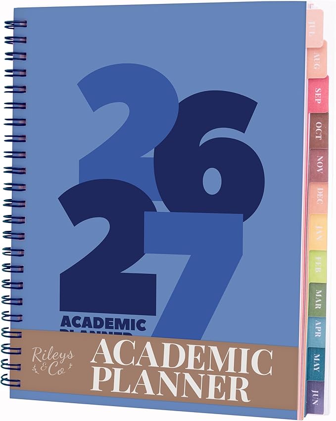 Rileys Academic Planner 2026-2027, Daily, Weekly & Monthly Planner, July 2026 - June 2027, Student Notes Pages, Twin-Wire Binding, Weekly Agenda for School & Work (8 x 6-Inches, Chunky, Blue)
