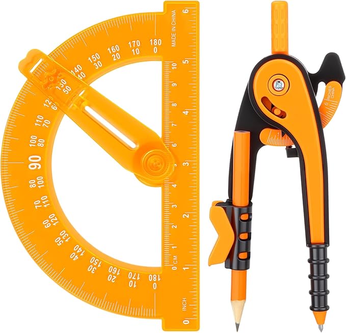 Zonon 2 Pcs Student Protractor and Compass, Student Geometry Math Set Drawing Compass and 180 Degree 6 Inch Protractor with Swing Arm for Drawing Measuring School Office (Orange)
