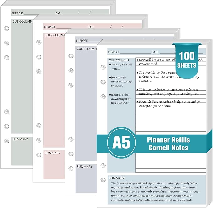 100 Sheet Cornell Notes Refill Paper A5 Planner Inserts for 6 Ring Binder 0.2" Spacing A5 Loose Leaf Paper Cornell Notebook Refills Taking System Filler Paper Bulk for School Office Business 80gsm