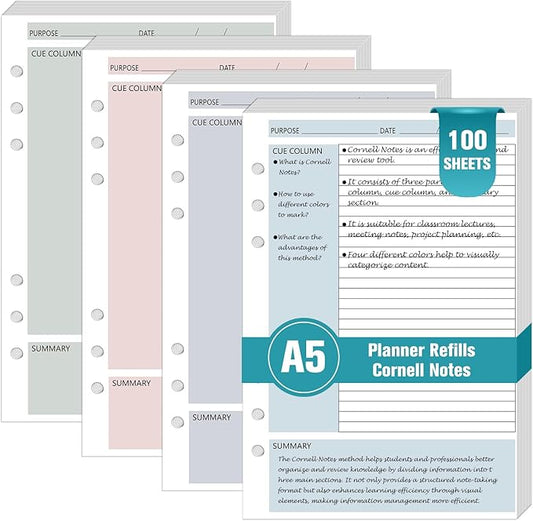 100 Sheet Cornell Notes Refill Paper A5 Planner Inserts for 6 Ring Binder 0.2" Spacing A5 Loose Leaf Paper Cornell Notebook Refills Taking System Filler Paper Bulk for School Office Business 80gsm