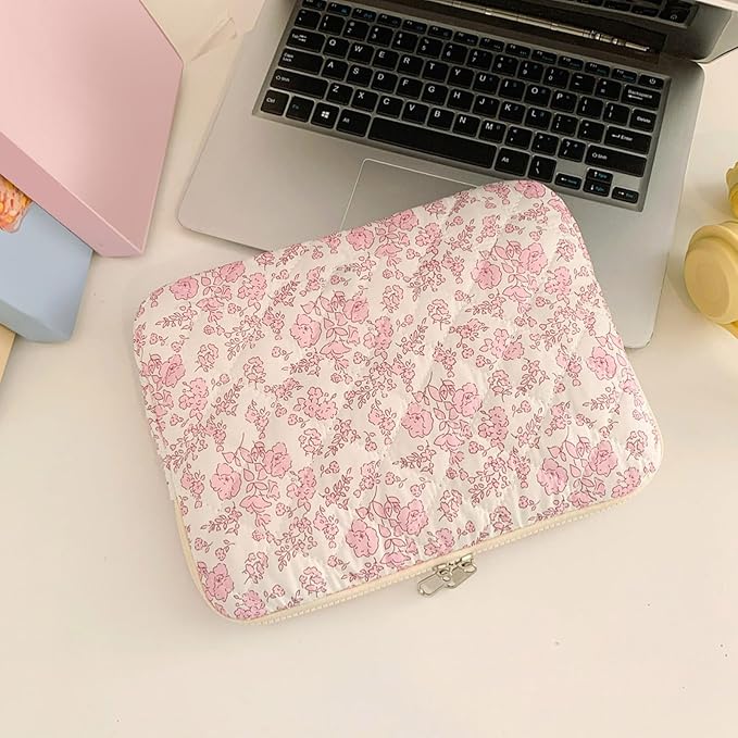 Puffy Laptop Sleeve 13-15.6 Inch Cute Quilted Laptop Protective Case Padded Floral Computer Sleeve for MacBook (B-Pink Floral, 11 Inch)