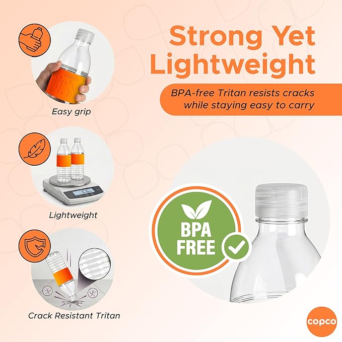 Copco Hydra 16.9 oz Water Bottle, Set of 2 – Leak Proof, BPA Free Tritan, Dishwasher Safe, Twist-Open Body, Non-Slip Silicone Grip, Perfect for Travel, Gym, Work & Outdoor Adventures (Orange)