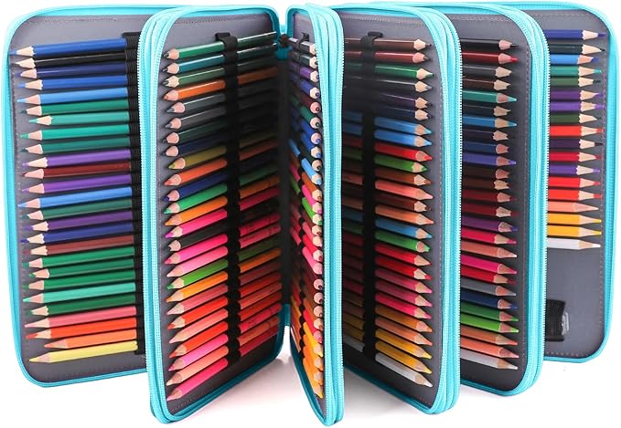 Vomgomfom 252 Slots Pencil Bag, 5-Layer Zipper Art Supply Organizer, PU Leather Portable Colored Pencil Case with Handle for 252 Watercolor Pens, Gel Pens (Green)