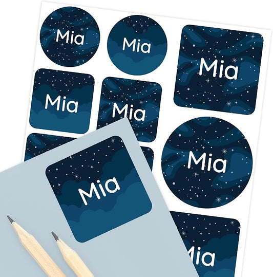 Camp Name Labels for Kids (33) – Custom Waterproof Stickers for Water Bottles, Lunch Boxes, Daycare & School with Unique Designs - Galaxy