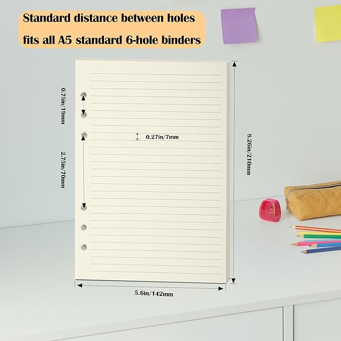 A5 Ruled Filler Paper, 6-Hole Punched, 100GSM Loose-Leaf Paper and Planner Inserts for Planners, Meeting Notes, and Bullet Journals,80 Sheets/160 Pages