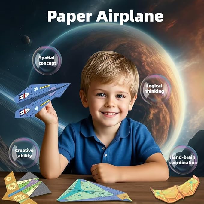 JUJOYYS 3 Difficulty Level Paper Airplane Kits with 36 Classic Designs 108 Sheets of Colorful Origami Paper,Crafts Origami Book Airplane Gifts for Kids Boys and Girls Ages 6-8,8-12