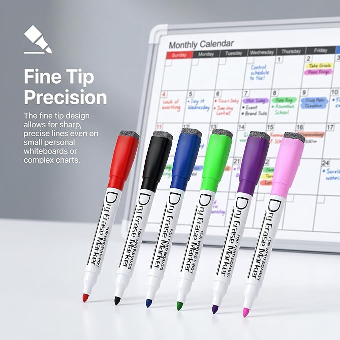 Volcanics Colored Magnetic Dry Erase Markers Fine Tip, Low Odor Whiteboard Markers with Eraser Cap, Dry Erase Pens for Calendar, Refrigerator, School, Office, Home, 6 Assorted Colors, Pack of 6