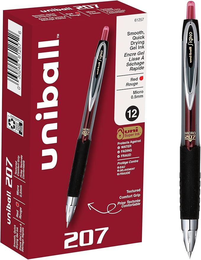 uniball 207 Retractable Gel Pens, Micro Point (0.5mm), Red