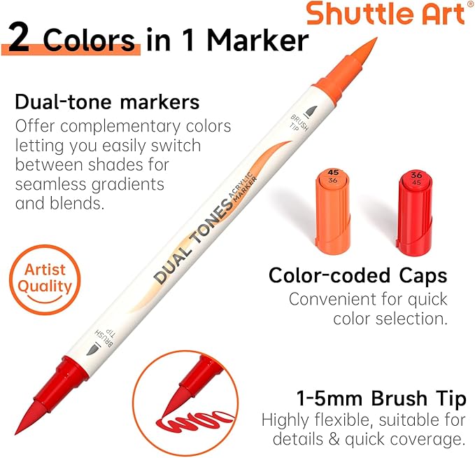 Shuttle Art 48 Colors Dual Tone Acrylic Paint Markers, 24 Pack Acrylic Paint Pens Set for Rock Painting, Ceramic, Wood, Canvas, Glass, Stone, Fabric, Card Making, DIY Crafts & Art Supplies