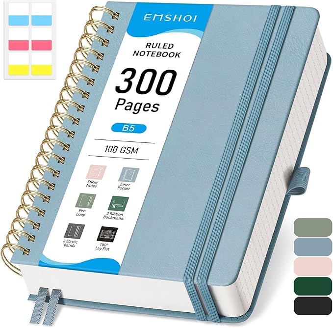EMSHOI B5 College Ruled Spiral Notebook, Thick 300 Numbered Pages, 100GSM Ink-Proof PU Leather Hardcover Lay-Flat Lined Journal for Work Office School Writing, 7.48"x10.15", Gray Blue