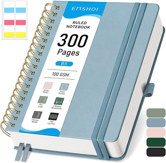 EMSHOI B5 College Ruled Spiral Notebook, Thick 300 Numbered Pages, 100GSM Ink-Proof PU Leather Hardcover Lay-Flat Lined Journal for Work Office School Writing, 7.48"x10.15", Gray Blue
