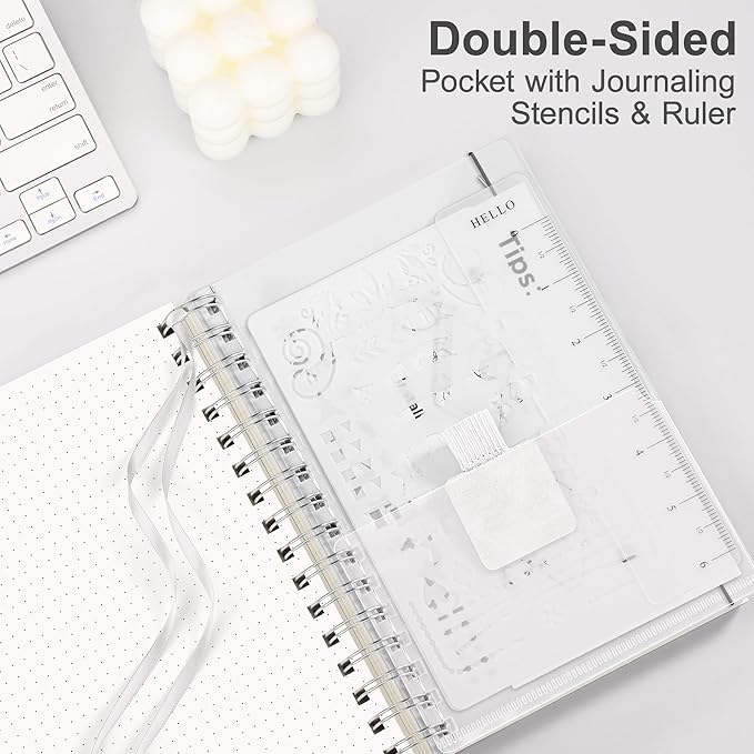 RETTACY Dotted Journal Notebook, 300 Pages, A5 Medium Size (5.7'' × 8.2''), 100 GSM Thick Paper, Flexible Plastic Cover, Spiral-bound, for Journaling, Planning, Tracking (Transparent)
