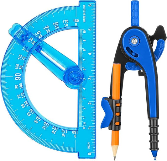 Zonon 2 Pcs Student Protractor and Compass, Student Geometry Math Set Drawing Compass and 180 Degree 6 Inch Protractor with Swing Arm for Drawing Measuring School Office (Deep Blue)