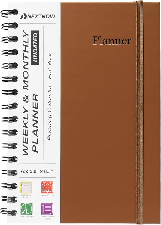 Undated Monthly and Weekly Planner - 12 Month Calendar Planner Notebook with Week Days - Hardcover Undated Planners Blank Agenda Book - A5 Brown