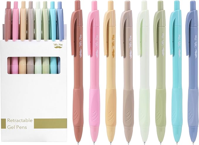 Mr. Pen- Retractable Gel Pens, 8 Pack, Black Ink, Soft Grip | Soft Pastel Barrels, Fine Point 0.5mm, Fast Dry, Smooth Writing, Cute Pens for Drawing, Writing Planner and School Supplies