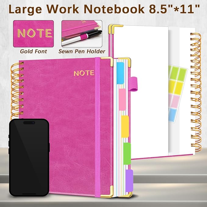 Hardcover Spiral Notebooks for Work 8.5''x 11'', 300 Pages 5 Subject Notebook with Dividers & Tabs, A4 Spiral Journal for Women, College Ruled Notebooks for School Note-Taking (Rose Purple)