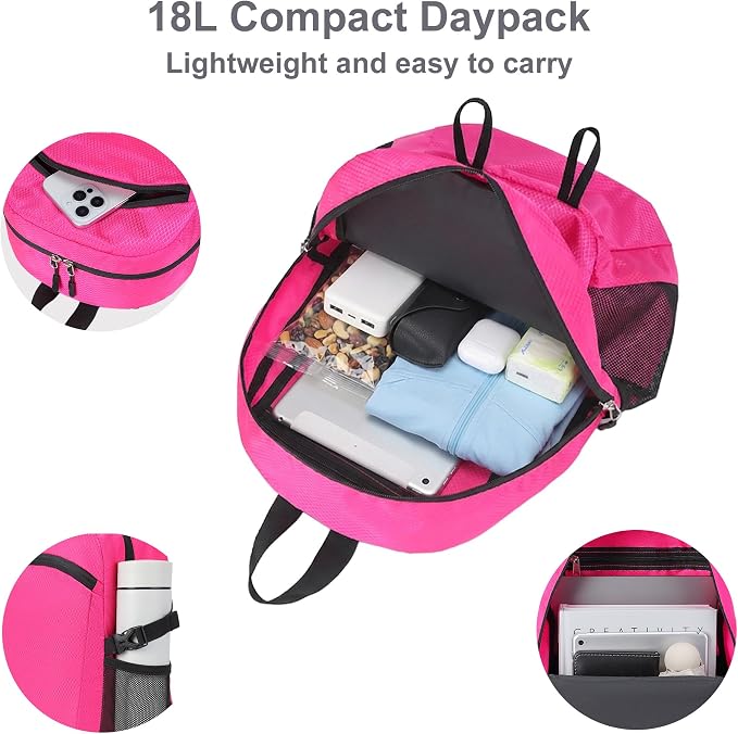 Lightweight Hiking Backpack 18L Packable Foldable Small Daypack Collapsible Travel Bag Water-Resistant for Women (Magenta)