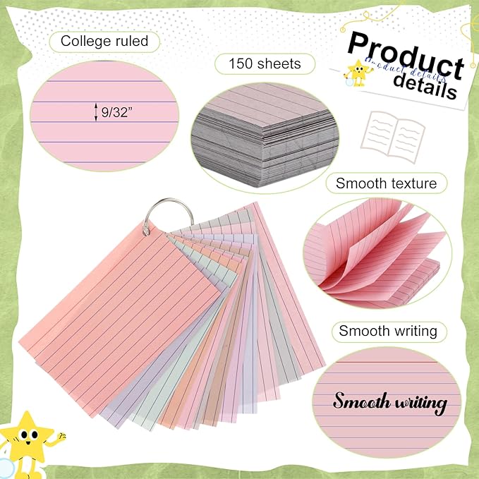 12 Pack Colored Index Cards with Key Ring 3 x 5 Inch 1800 Count Portable Flash Cards College Ruled Lined Flashcards Notepad Aesthetic Notecards for Note Taking Learning Office (Pastel Color)