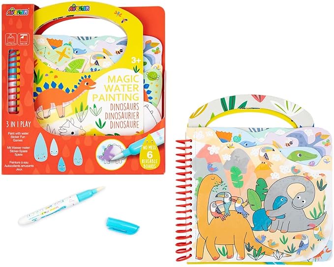 Avenir Reusable Water Coloring Book for Toddlers 3-5 – Mess-Free Paint-with-Water Travel Toy Airplane Activities Road Trip Quiet Book, Water-Reveal Activity Pad, 3-in-1 Creative Set