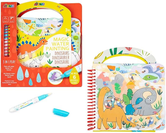 Avenir Reusable Water Coloring Book for Toddlers 3-5 – Mess-Free Paint-with-Water Travel Toy Airplane Activities Road Trip Quiet Book, Water-Reveal Activity Pad, 3-in-1 Creative Set