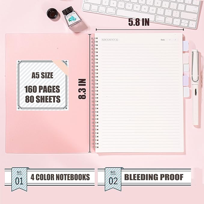 OWSC 4 Pack Lined Spiral Notebook, 5.9 x 8.3 Inches Notebooks for Work, School and Journal with 110 GSM Thick Paper, Small Notebook with 80 Sheets/160 Pages, Notebooks College Ruled for Note Taking