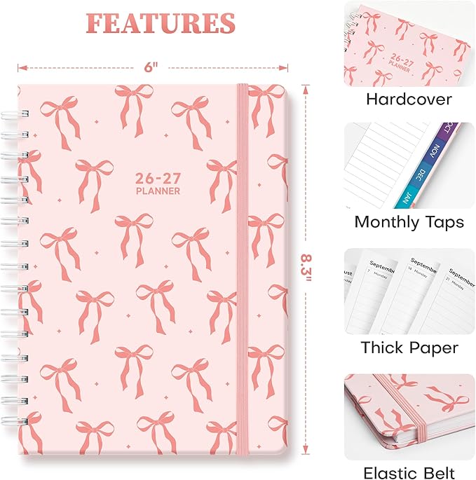 Planner 2026-2027 Monthly and Weekly Academic Planner July 2026 - June 2027, Hardcover Calendar 2026-2027 Agenda Daily Planner for Student Teacher School Office Supplies, 6" x 8.3", Pink Bow