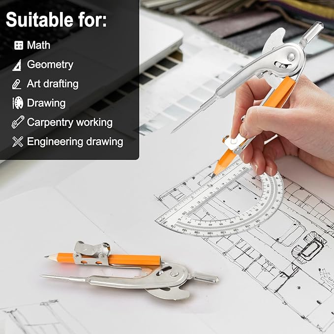 12 Pack Geometry Tool Set, Math Compass for Geometry and 6 Inch Protractor Set Include Metal Compass with Pencil and Clear Plastic Protractor for Student Classroom Office Woodworking Art Drawing