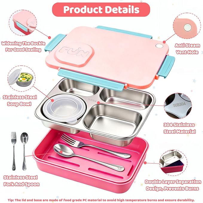 Kids Stainless Steel Lunch Box,304 Stainless Toddler Leak-Resistant Insulated Metal Bento Box,Suitable Schools,Office,Use Comes With An Independent Soup Cup,Tableware,4 Compartments (Pink)
