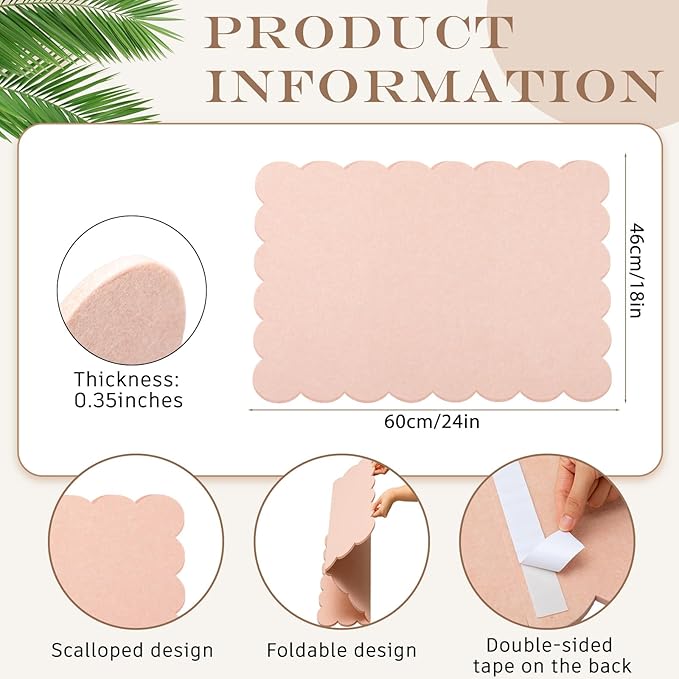 Mooliwe Scalloped Felt Bulletin Board 24 x 18 Inches Foldable Flesh Pink Pin Cork Board Alternative for Wall, 2' x 1.5' Trifold Picture Vision Self Adhesive Bulletin Decorative